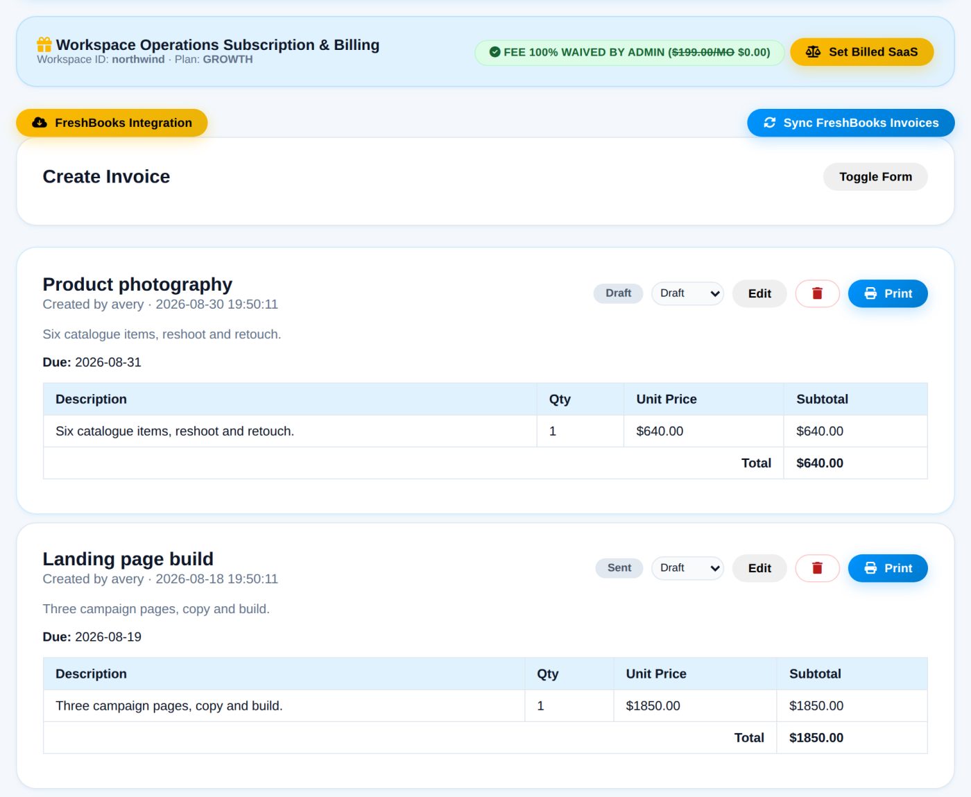 Invoices listed with draft, sent, paid and overdue states