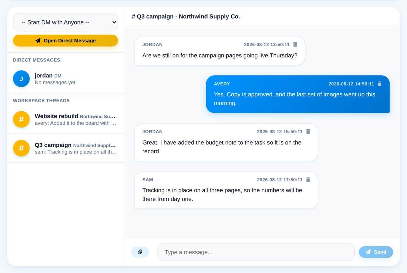 A workspace conversation thread beside the thread list